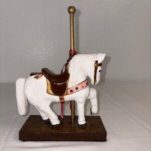 Vintage White Carousel‎ Horse Figurine with Brown Saddle and Pink Embellishments